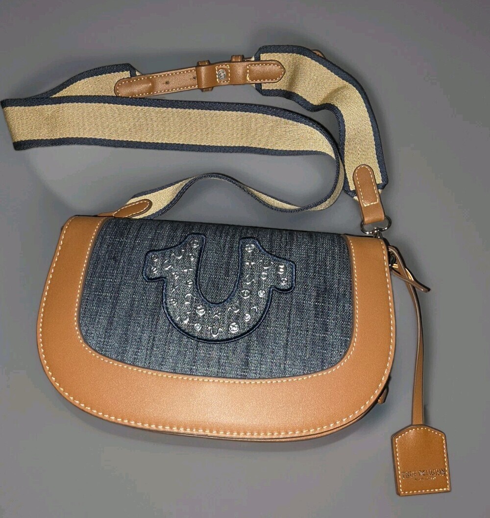 True Religion Saddle Flap Denim/Leather Crossbody Bag with Studded Horseshoe Y2K